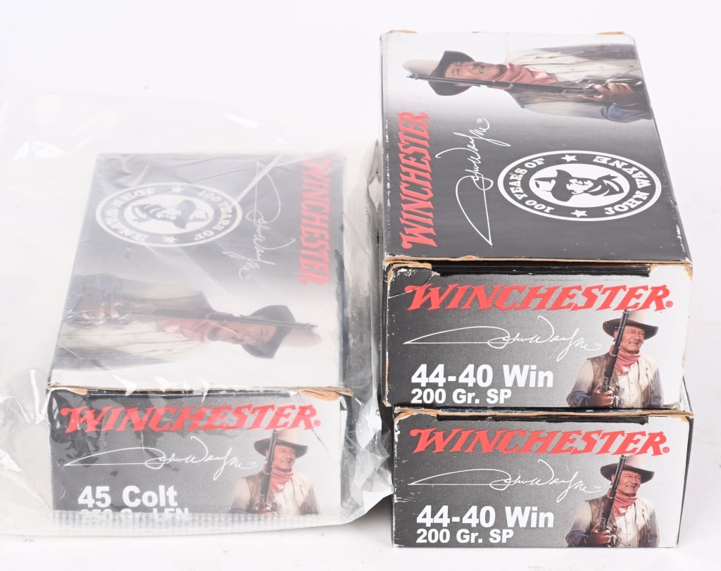 150 ROUND LOT OF WINCHESTER JOHN WAYNE AMMO: Lot includes: 100 Winchester John Wayne .44-40 WIN 200gr SP 50 Winchester John Wayne .45 Colt 250gr Lead Flat Nose Boxes have light wear on the flaps.