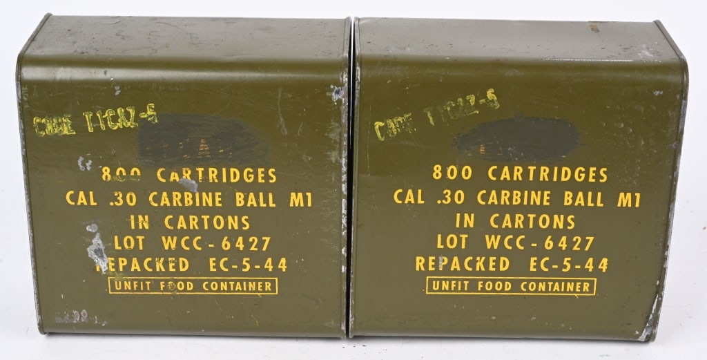LOT OF 2: SEALED CANS OF 800 ROUNDS .30 CARBINE: Lot of 2 sealed cans of 800 rounds (each can contains 800 rounds), of .30 Carbine Ball M1 in cartons. Cans say repacked "5-44". Both cans are sealed.