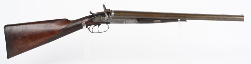 REMINGTON MODEL 1874 LIFTER MODEL COACH GUN: SERIAL NSN. BARRELS 18.5". GAUGE 10. Made 1874-late 70's. Exposed hammers, double triggers, splinter forearm with wedges, side plates, straight English type walnut stock with checkered wrist and smoot