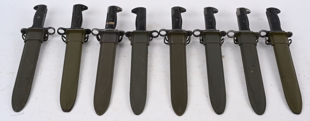 LOT OF EIGHT M1 GARAND BAYONETS: Contains: 1 Union Fork And Hoe. 3 American Fork And Hoe. 4 United Cutlery. All have scabbards, which are mixed production. At least two are Danish production. One is "USN" marked. Another is "USMC" ma