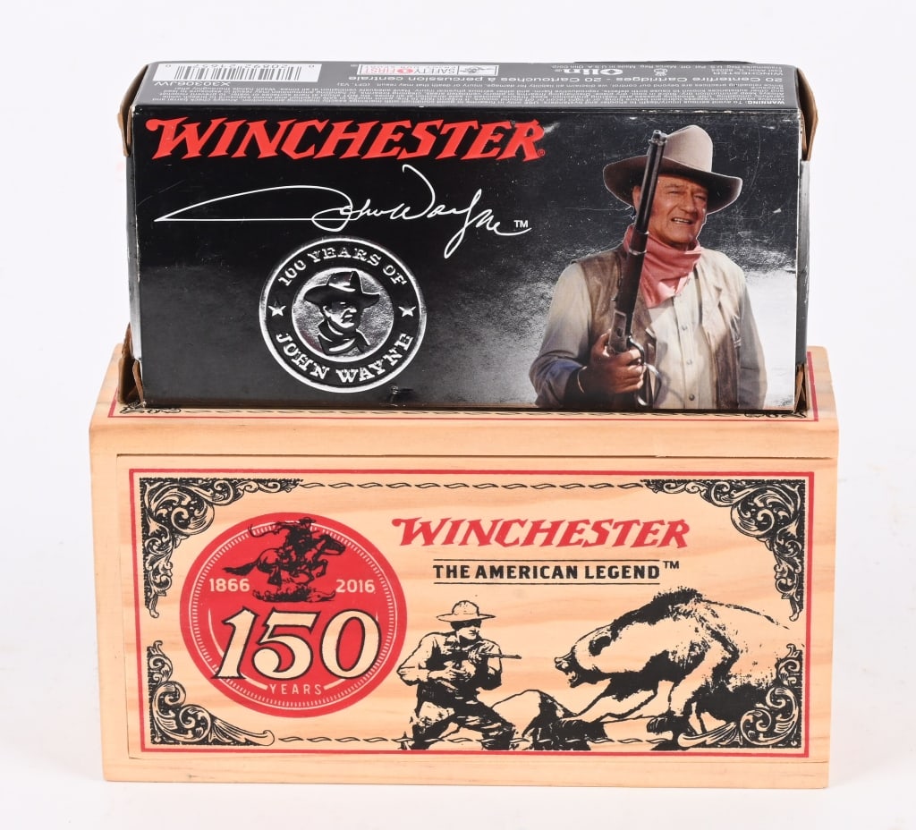 TWO BOXES OF WINCHESTER .30-30 WIN COLLECTOR AMMO: Full Box (20rds) Winchester John Wayne 100 Year .30-30 Win 150gr PP Full Box (20rds) Winchester 150 Year Anniversary .30-30 Win 150gr PP in wooden crate.