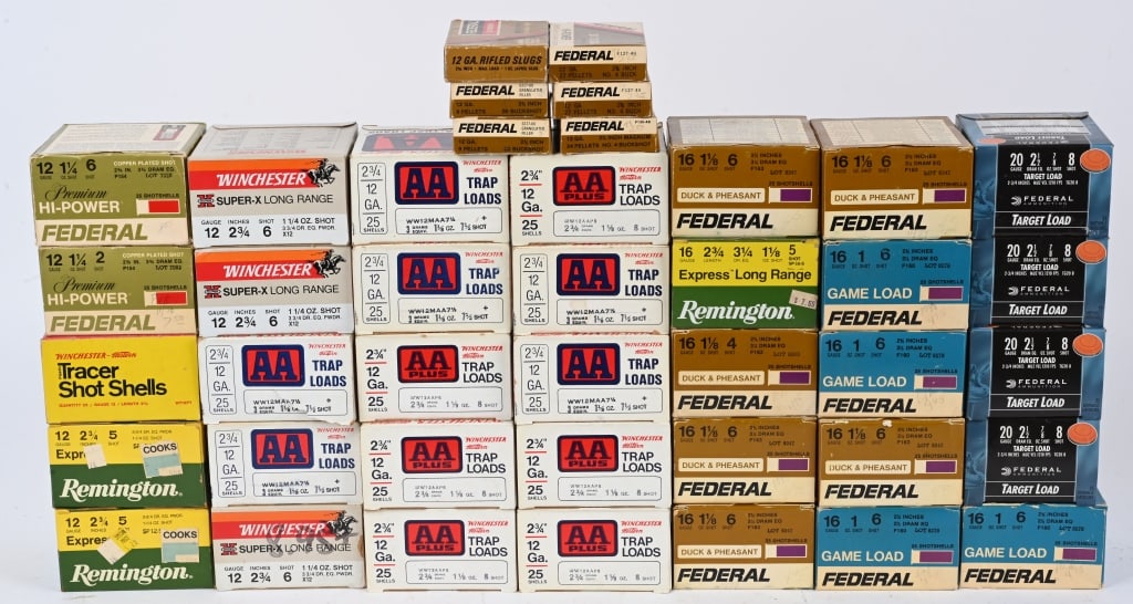LARGE LOT OF SHOTSHELLS: CONTAINS: 150 Winchester AA Trap 12 Gauge 2-3/4" 8 Shot 150 Winchester AA Trap 12 Gauge 2-3/4" 7-1/2 Shot 75 Winchester Super X Long Range 12 Gauge 2-3/4" 6 Shot 25 Winchester Western 12 Gauge 2-3/4" 