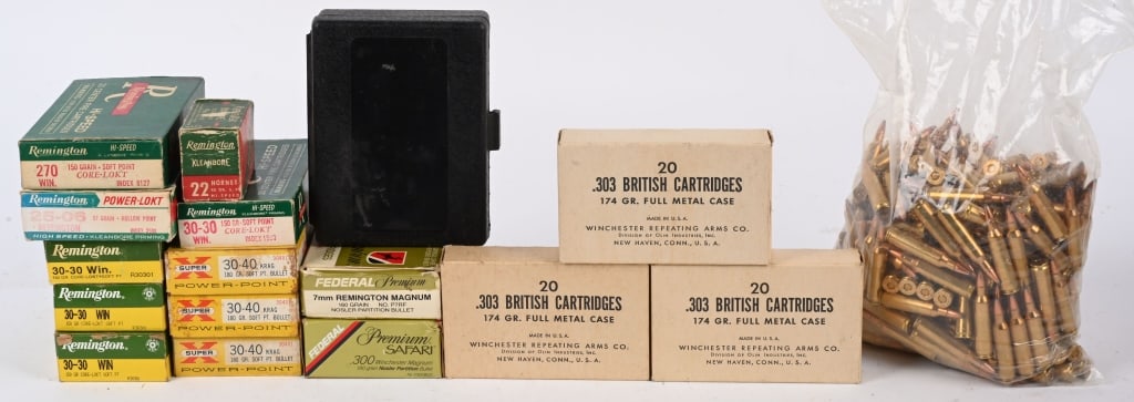 LARGE LOT OF RIFLE AMMUNITION: Contains: 250 PMC .22-250 Remington soft point (loose). 65 Remington Core Lokt 150gr SP 60 Super X Power Point 180gr SP 50 Winchester .303 British 174gr FMC 12 Rounds Remington .25-06 87gr HP 15 Remin
