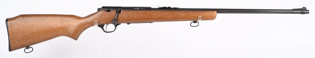GLENFIELD MODEL 25 BOLT ACTION .22 RIFLE: SERIAL 25606223. BARREL 22". CALIBER 22RF. Features magazine fed (missing), sporting sights, hardwood stock, blue finish, sling swivels. Condition. 95% blue with wear on front sight collar. Wood excel