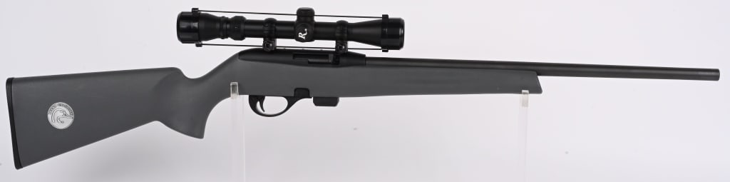 REMINGTON MODEL 597 SEMI AUTO 22 RIFLE: SERIAL C2764785. BARREL 20". CALIBER 22LR. Magazine fed (included) , gray nylon stock, matte finish, no provision for barrel sights and sports a Redfield 3-9 scope. Condition. Light handling only. MOD