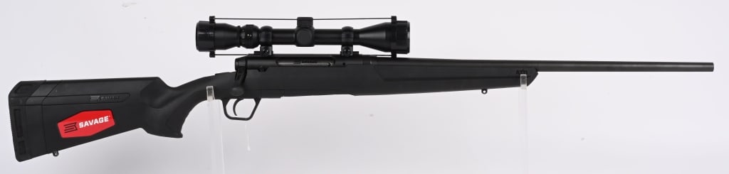 SAVAGE MODEL AXIS .308 BOLT ACTION RIFLE: SERIAL N552356. BARREL 22". CALIBER .308. Nylon stock, matte finnish, magazine fed (missing) no provision for barrel sights now sporting a Weaver 3x9 scope. Still has Savage sticker on stock. Conditon