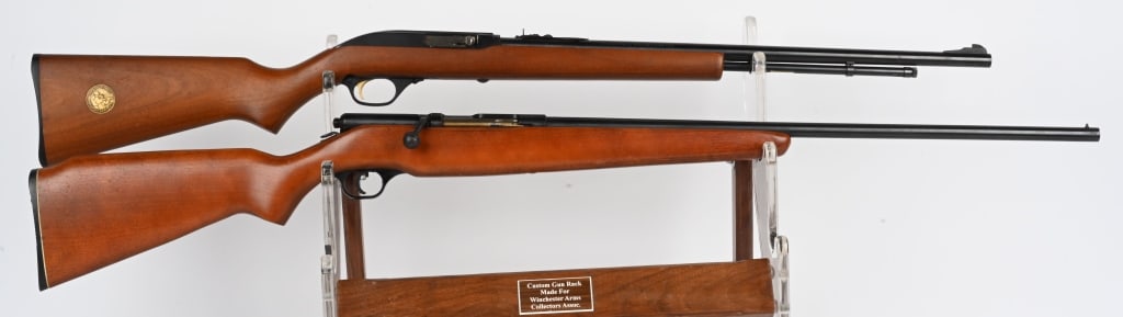 TWO FINE .UTILITY LONG GUNS: A. MOSSBERG 183T BA SOTGUN. SERIAL 568476. BARREL 24". GAUGE .410. CHAMBER 3". CHOKE FULL. Blue finish, plain pistol grip hardwood stock, single bead front sight. Solid 98% condition. Fine bore. B. MA