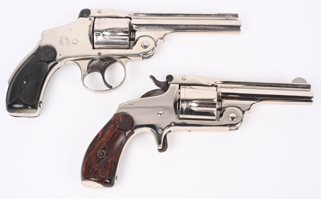 LOT (2) EARLY SMITH & WESSON REVOLVERS: A. SINGLE ACTION. SERIAL 52195. BARREL 3 1/4". CALIBER .32. Features nickel finish, spur trigger, five shot, single action, round barrel with rib, scarce red & black mottled grips. Appears unfired sin