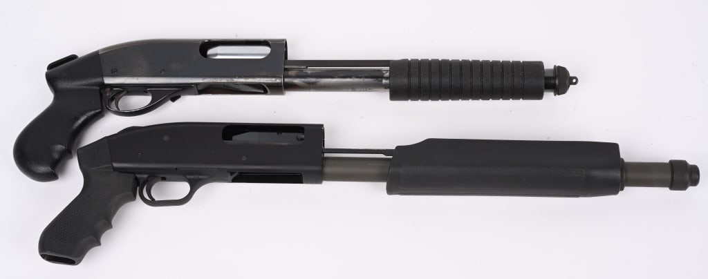 LOT (2) PUMP ACTION SHOTGUNS -NO BARRELS: A. REMINGTON 870 POLICE MAGNUM 12 GA. SERIAL B586120M. Black pistol grip stock and forearm. About 85% blue with overall high edge wear. B. MOSSBERG MODEL 835 12 GA. SERIAL UM745734. Black pistol grip 