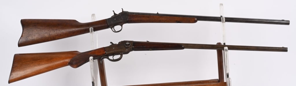 LOT (2) ANTIQUE FALLING/ ROLLING BLOCK RIFLES: A. Belgium made Remington copy. 23" octagon barrel, .32 RF. Metal is patina, wood is very good. Not working. B. HOPKINS & ALLEN. 22" BARREL. .22 RF. Take down, round barrel, checkered pistol grip waln