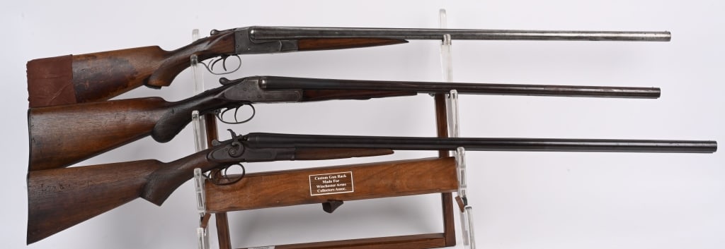 LOT (3) ANTIQUE SXS SHOTGUNS: A. A. BALDWIN & CO. 12 GA. 32" BBL. 2 3/4" CHAMBER. Metal is smooth patina. Wood is very good. Lock up tight. Bores scored. Working order. B. CLIMAX HAMMERLESS. 16 GA. 2 3/4 CHAMBER. Metal is patina.