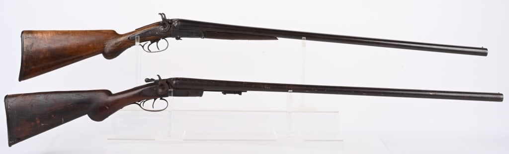 LOT (2) ANTIQUE HAMMER SXS SHOTGUNS: A. W. RICHARDS. 12 GA. SIDE LEVER. CHAMBERS 2 3/4", Back action locks, 32" barrels, walnut stock with pistol grip & splinter forearm. Brown patina, not working, bores are scored, Metal ill fitted to w