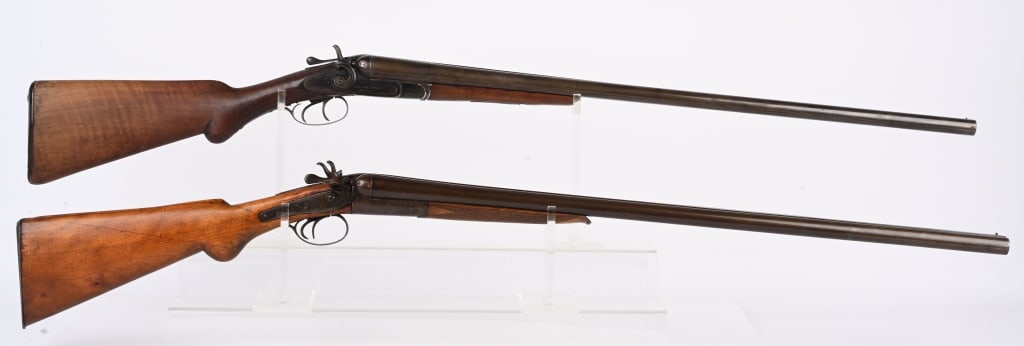 LOT (2) ANTIQUE HAMMER SXS SHOTGUNS: A. ROYAL GUN WORKS BELGIUM . Side locks, double triggers, pistol grip walnut stock, splinter forearm, 30" twist steel barrels Working order, bores have some scoring, Metal has coat of wiped on blue, w