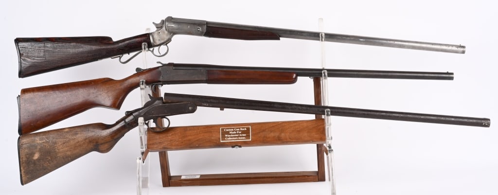 LOT (3) VINTAGE SHOTGUNS: A. STEVENS 16GA. S.S. Butt plate broken, missing trigger guard, overall salt and pepper patina. Tight lock up and decent bore. C&R B. STEVENS TIP UP12 GA. Tight lock up, bore dirty, no finish on metal