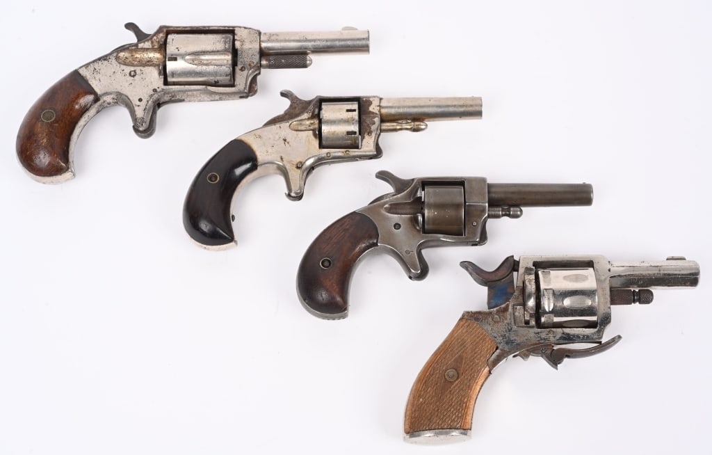 LOT (4) VINTAGE POCKET REVOLVERS: A. CAPT. JACK. NSN. 22RF. 70% NICKEL, spur trigger, bird head wood grips. Not working. ANTIQUE B. DEFENDER. NSN. .30RF. 70% NICKEL, spur trigger, wood bird head grips, Hammer will not stay cocked. ANT