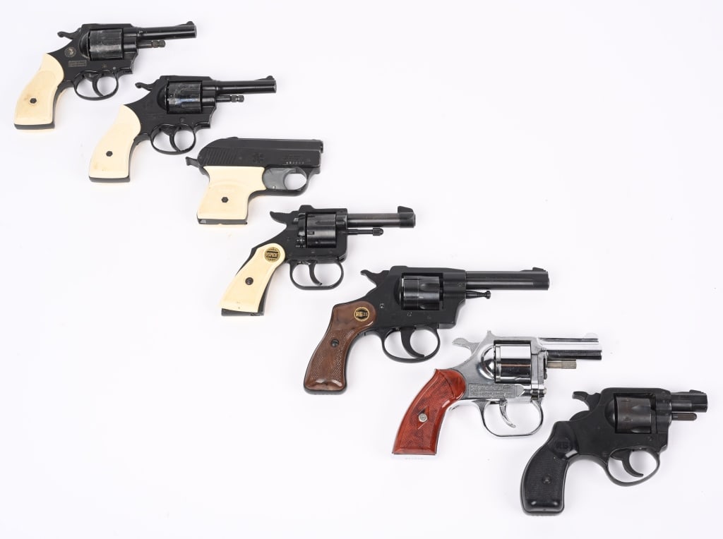 LOT (7) VINTAGE REVOLVERS: Three are starter pistols, blanks or gas. EIG 999 (2) & MONDIAL MODEL 1900. 4. ROSCO. SERIAL 279346. CALIBER 22 SHORT. BARREL 2.5" 5. RG23. SERIAL 417619. CALIBER 22LR. BARREL 3.5" 6. CLERKE. SERIAL 0