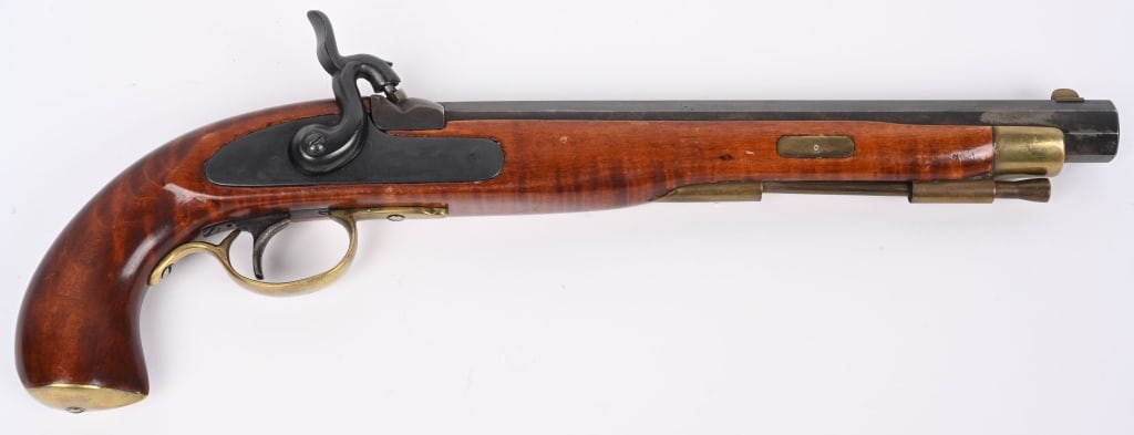 CUSTOM KENTUCKY PISTOL: Side plate engraved 10-6-73 Stephen Lee Hiltebrant. .38 caliber percussion, full length striped maple stock, brass furniture, 10" blue octagon barrel, single trigger. Condition. 90% blue. Stock excell