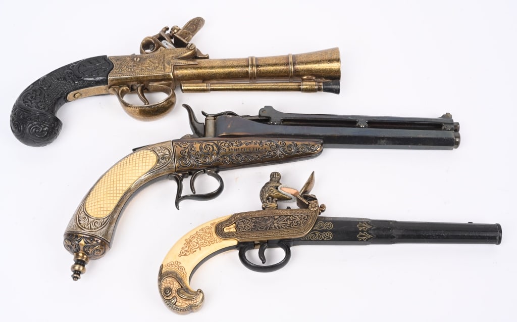 LOT (3) BEAUTIFUL FLINTLOCK DECORATOR NON GUNS: All are full sized, engraved, some faux ivory. Nice display . NO FFL