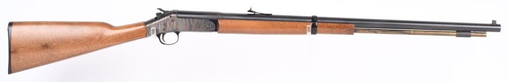 H&R HUNTSMAN .45 SINGLE SHOT PERCUSSION RIFLE: SERIAL AJ291417. BARREL 28". CALIBER .45. Case color frame, walnut stock, blue round barrel, brass rod, sporting sights. Condition. Solid 98%, light handling, brass rod is tarnished and missing cap. B