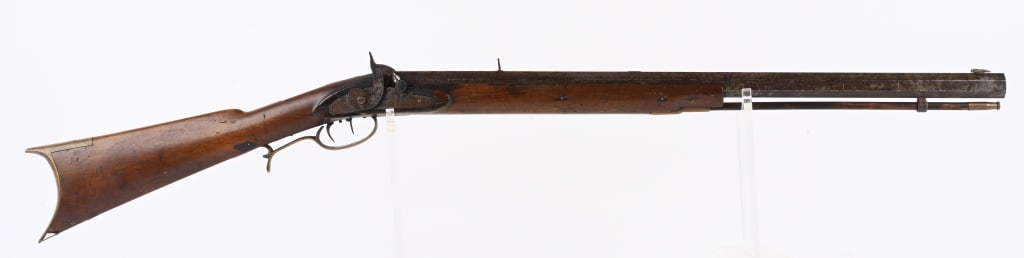 CHILD PRATT & CO. ST. LOUIS HAWKIN STYLE RIFLE: BARREL 26.5". CALIBER .50. 1850-1863 ONLY. Contemporaries of Samuel Hawken, they only built half stock Hawkin style rifles. Heavy octagon barrel is maker stamped. Large single leaf buckhorn rear sight