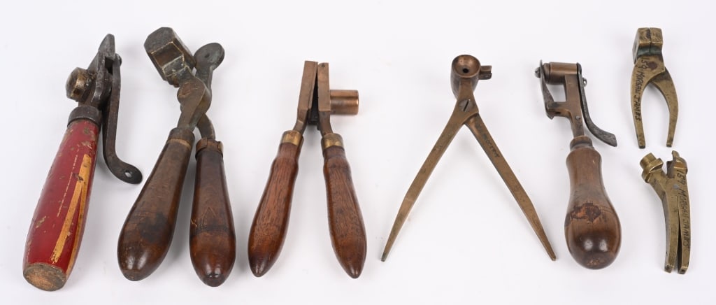 LOT (8) EARLY SCARCE LOADING TOOLS: A. BILLINGHURST ? BRASS POWDER MEASURE WITH WOOD HANDLE. B. MORGAN JAMES ? SOLID BRASS SINGLE CAVITY MOLD. HAND ETCHED. APPROXIMATELY .250 DIAMETER. C. N.S.BROCKWAY BRASS SINGLE CAVITY MAKER STAMPED. 