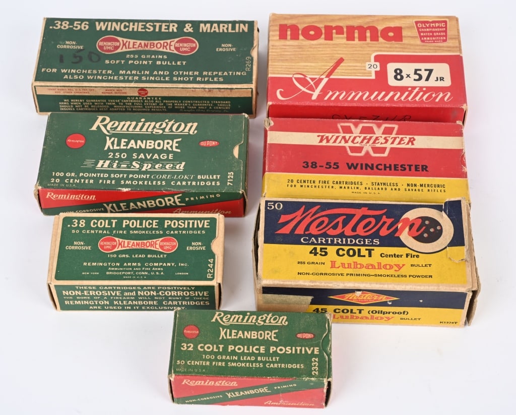 (7) FULL BOXES OF 1940 - 1950'S AMMO: NORMA 8X57 JR, REM. .32 COLT POLICE, REM 38 COLT POLICE, REM 38-55, WESTERN .45 COLT WINCHESTER 38-55, REM 250 SAVAGE. 45 COLT MISSING END LABEL, 2-FIRED IN WIN 38-55, ALL ROUNDS CRISP WITH NICE BOXES