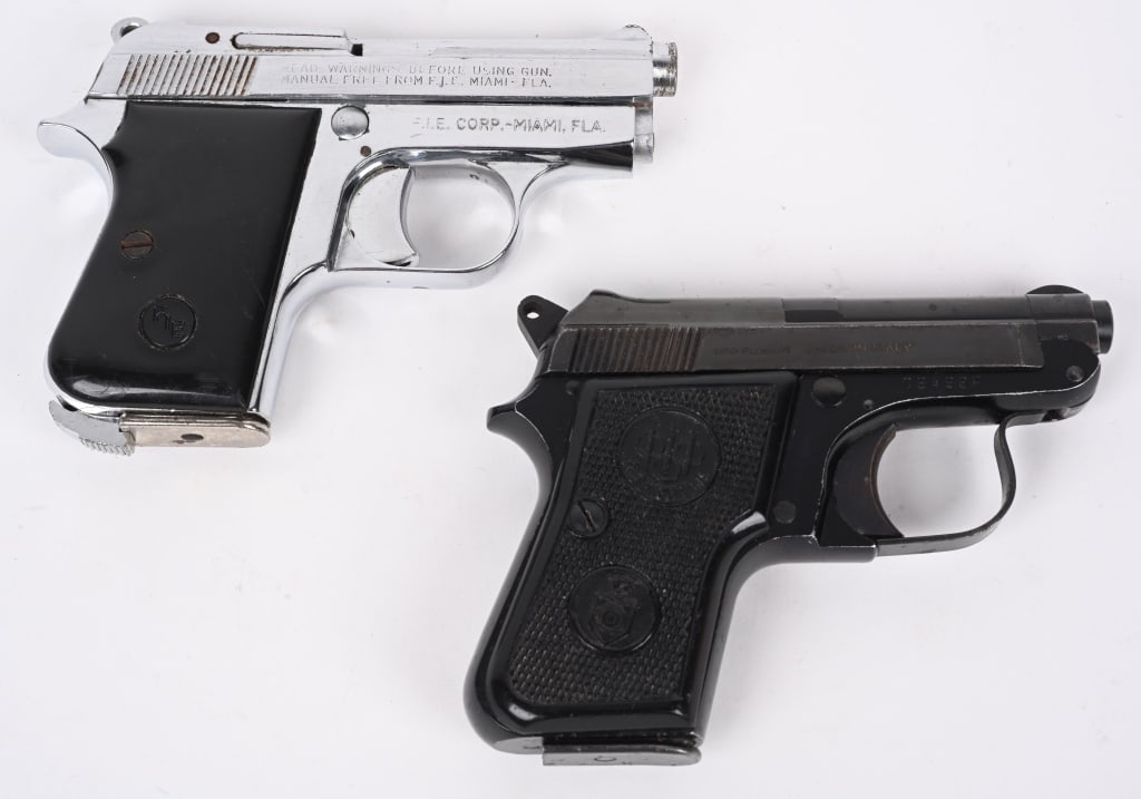 LOT (2) SEMI AUTO POCKET PISTOLS: A TITAN. SERIAL D896750. BARREL 2.5". CALIBER 25 ACP. Chrome plated, one magazine, black grips. Shows pocket carry scuffs. B. BERETTA MODEL 950B. SERIAL C84988. BARREL 2 1/4". CALIBER 22 SHORT. Blue f