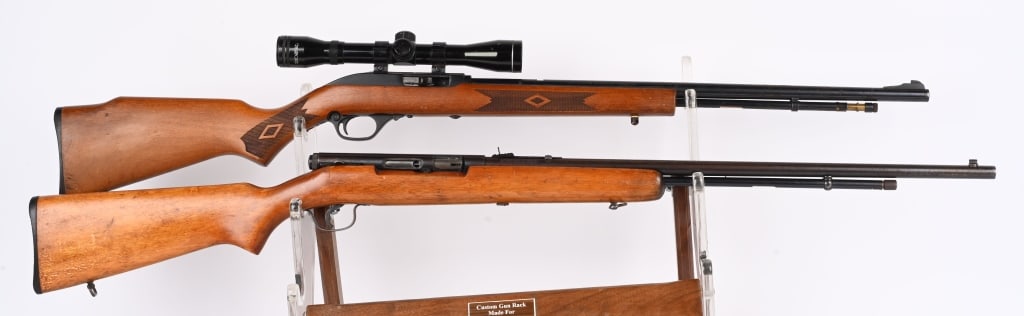 LOT (2) SEMI AUTO .22 RIFLES: A. MARLIN MODEL 60. SERIAL 05221296. BARREL 22". CALIBER .22RF. Press checkered stock, blue finish, take down, sling eyes, Tasco scope. Condition. Stock very good with few paint specs. 70% blue with s