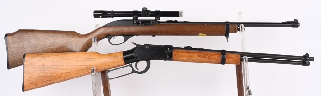 LOT (2) .22 RIFLES - GLENFIELD / ITHACA: A. GLENFIELD MODEL 75. SERIAL 26465711. BARREL 18". CALIBER 22LR. Features hardwood stock, blue finish, carbine style with one barrel band, sporting sights, Glenfield scope, magazine fed semi auto in