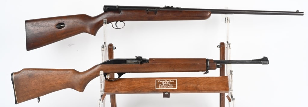 LOT (2) .22 CALIBER RIFLES-MARLIN / WIN.: A. MARLIN MODEL 99 M1 CARBINE. SERIAL 69282928. BARREL 18". CALIBER 22LR. Semi auto tube fed, walnut stock, blue finish, rear sight slides along grooved receiver, banded front. Condition. 50% wear to 