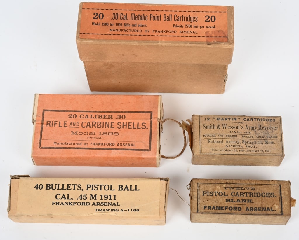 LOT (5) ANTIQUE U.S. MILITARY BOXED AMMO PRE WWI: A. FRANKFORD ARSENAL " .30 CAL. METALIC MODEL 1906 FOR 1903 RIFLE" 2-PC. FULL , HOLDS 4-LOADED CLIPS. B. FRANKFORD ARSENAL. " .30 RIFLE AND CARBINE SHELLS MODEL 1898" 2-PC. SEALED. DATED JUL 2, 1908 C