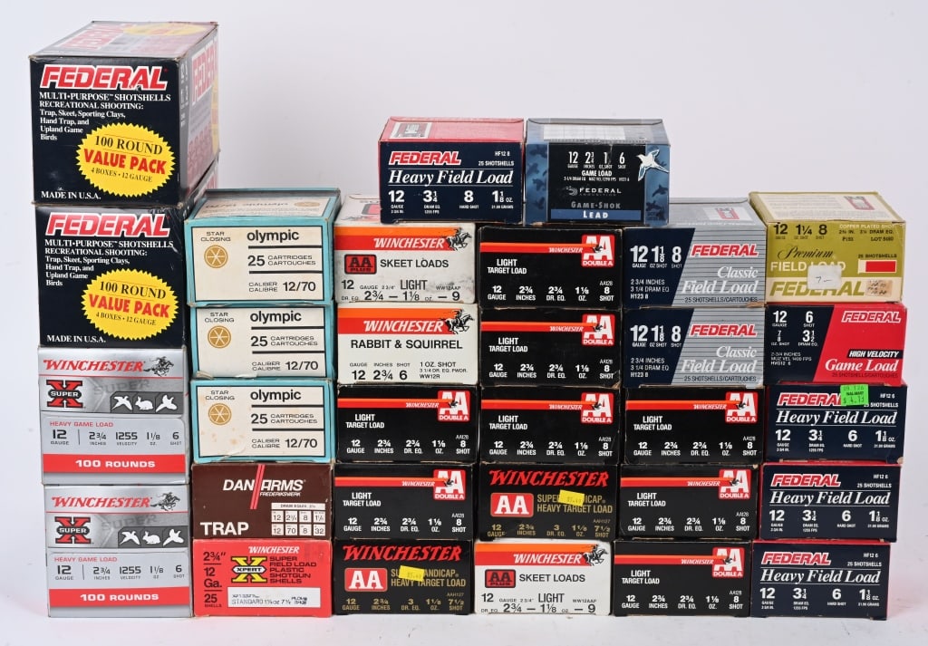 LARGE LOT OF 12 GAUGE SHOTSHELLS: 75 Olympic 2-3/4" 7 shot 25 Dan Firearms 2-3/4" 8 shot 25 Winchester Super-X Target 2-3/4" 7-1/2 shot 50 Winchester AA Handi-Cap 2-3/4" 7-1/2 shot 50 Winchester AA Skeet 2-3/4" 9 shot 25 Rabbit Squirr