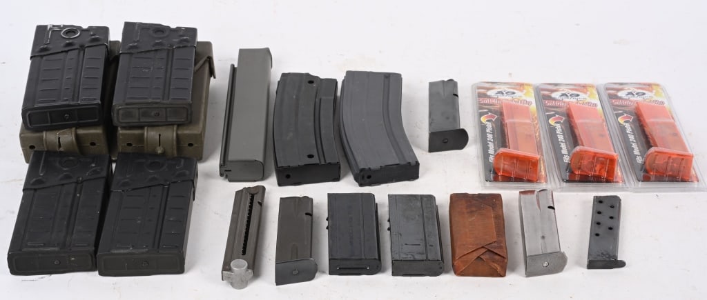 RIFLE AND PISTOL MAGAZINE LOT: Lot includes: 1. Unknown blued steel European .32 ACP magazine. 2. Post war phosphate finished Luger 8 round magazine with aluminum base. 3. 20 round Seymour Products Thompson .45 ACP Magazine, refini