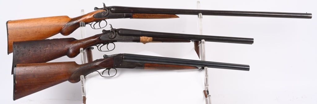 LOT (3) VINTAGE SXS SHOTGUNS: A. ITHACA BOXLOCK 12 GA. Barrels cut to 18.5". 80% blue on barrels, tight lock up, excellent stocks, frame patina, excellent bores. Nice little stage coach length. B. BALDWIN. 12 GA. 19 3/4" BARRELS.