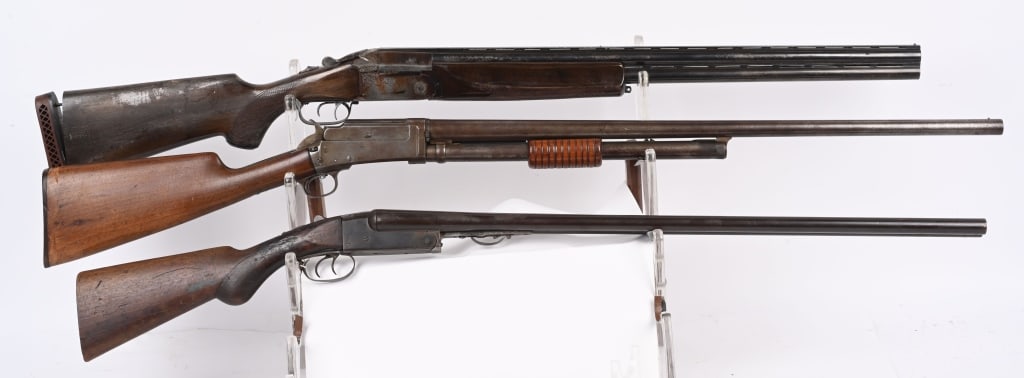 LOT (3) VINTAGE SHOTGUNS: A. NATIONAL F.A. CO. SERIAL 111542. GAUGE 12. Made by Marlin looks like an 1898 hammer model No finish, even patina. stocks excellent. Bore is nice and should clean up fine B. BOITO 12 GA OVER UNDER. 