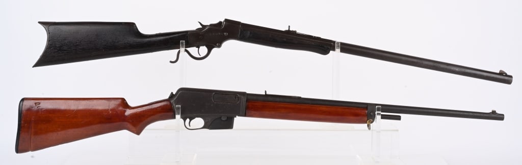 LOT (2) STEVENS & WINCHESTER PARTS OR RESTORE: A. STEVENS 44. SERIAL 8244. BARREL 26". CALIBER 32 LONG RF. Octagon to round barrel, rifle butt plate, walnut stocks, sporting sights. Metal dark brown. Legends are sharp. Wood excellent but heat chec