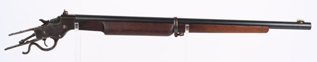 STEVENS ARMORY 414 PARTIAL RIFLE / PARTS: Includes complete barreled action and walnut forearm along with barrel band. Needs a stock, Has original frame peep sight & front sight. Serial 75186. Cartridge 22 short. Condition. 90% blue on barrel