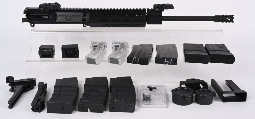 COMPLETE AR-15 TYPE UPPER WITH MAGS: The upper has an X as the only maker mark we can find, appears to be WMD GUNS. Also comes with 8-magazines along with (4) Ruger 10/22 mags. All over ten rounds Near mint . NO FFL DB