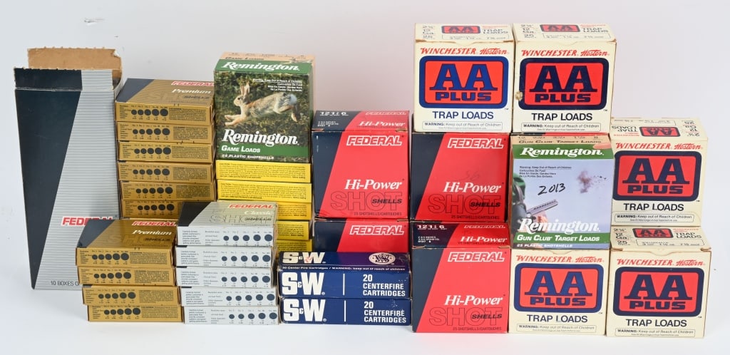 LARGE LOT OF 12 GA SHOTGUN SHELLS: Includes; 36 boxes of slugs, Federal, Remington. (180 rds). (2) boxes Remington 6&8 shot, (6) boxes Winchester AA Trap, (7) boxes Federal in 4,5 and 6 shot, along with two boxes of fresh S&W 44 magnum