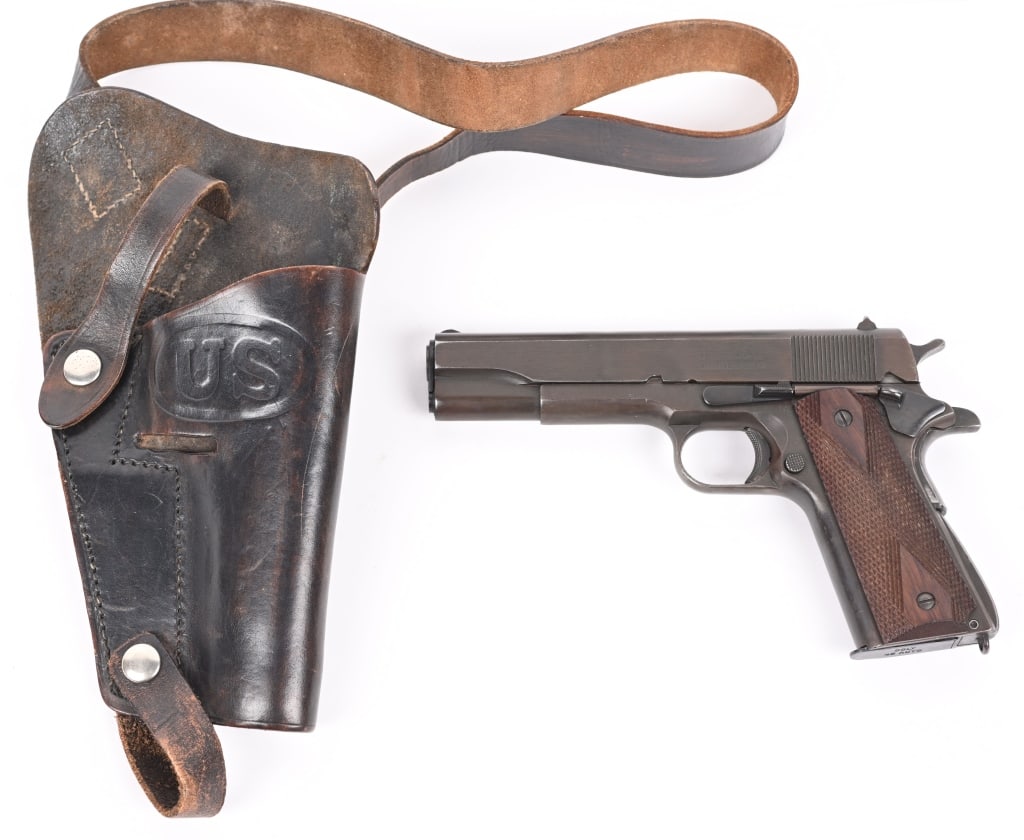 POSSIBLE CHINESE SHIPPED REMINGTON RAND 1911A1: SERIAL NUMBER: 1553155. BARREL: 5". CALIBER: .45 ACP. MANUFACTURED: 1944. Standard Remington Rand 1911A1, with "UNITED STATES PROPERTY" and "M1911A1 U.S. ARMY" stamped on the right side of the frame. 