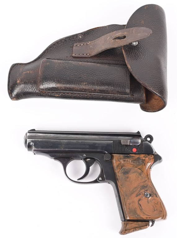 PRE WAR WALTHER PPK SEMI AUTO PISTOL WITH HOLSTER: SERIAL NUMBER: 863817. BARREL 3-1/4". CALIBER: .32 ACP/7.65MM. MANUFACTURED: 1935. Walther banner and company address on the left side of the slide. "Crown/N" proofs on the slide and barrel. No import