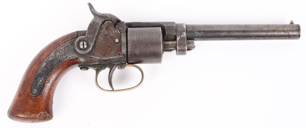 MASS ARMS MAYNARD PRIMED BELT REVOLVER: SERIAL NUMBER 56 BARREL 5" CALIBER .31 MANUFACTURED 1851-57. Manufactured by the Massachusetts Arms Company in Chicopee Mass, A total production is estimated at around 1000. Using the Maynard tape pri