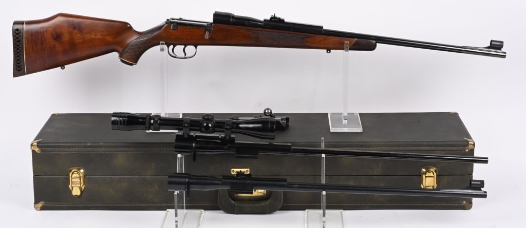 3 CALIBER CASED SET MAUSER MODEL 66 SPORTING RIFLE: SERIAL NUMBER G26564 BARREL 24" CALIBER 30-06 / 270 WINCHESTER / .243 WINCHESTER. MANUFACTURED CIRCA 1970. Produced in Oberndorf Germany and retailed by Bauer in Fraser Michigan. Blue finished barrel 