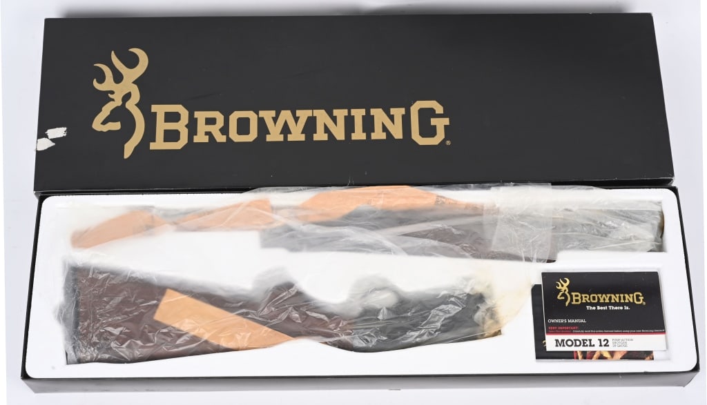 1 OF 3 MATCHING SERIAL NUMBER BROWNING PUMP GUNS: SERIAL NUMBER 00466NM872 BARREL 26" CALIBER 28 GAUGE MANUFACTURED 1990. Browning model 12 Grade 1 28 gauge with 28" vent rib modified choke barrel. Gun is in original numbers box and remains never ass
