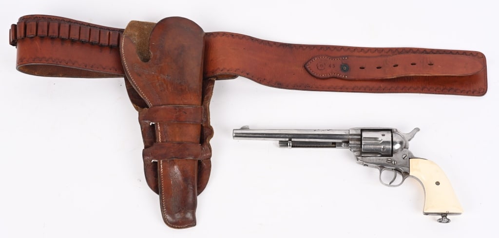 1880's MEXICAN COPY BP COLT SAA W/ RIG: SERIAL 46. BARREL 7.5". CALIBER 44. Close copy of 1880's black powder single action. Nickel finish, 3-line patent stamp on left side of frame, Colt address stamp on top of barrel, black powder frame, 