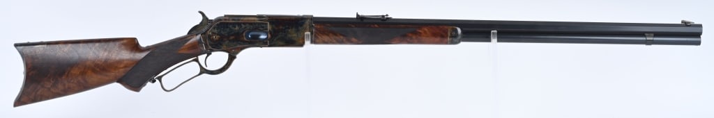 STUNNING WINCHESTER 50 EXPRESS MODEL 1876 DELUXE: SERIAL NUMBER 28506 BARREL 28" CALIBER 50-95 EXPRESS MANUFACTURED 1882. Wonderful full restoration of Winchester's "BIG 50" Full deluxe with highly figured American walnut varnished with checkered pis