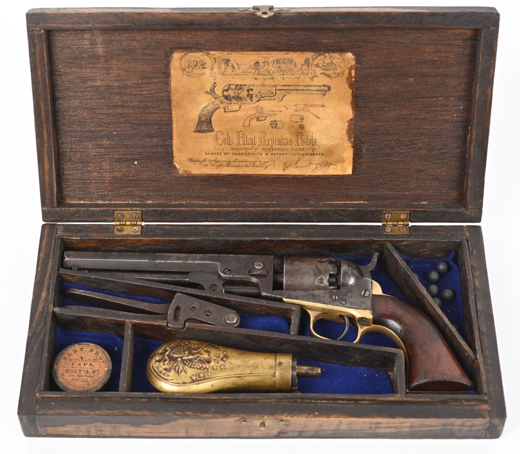 CASED COLTS MODEL 1849 .31 CAL. POCKET REVOLVER: SERIAL NUMBER 219028 BARREL 6" CALIBER .31 RIFLED MANUFACTURED 1862. Colts most popular and most successful percussion revolver the Model 1849 Pocket Model. Manufactured in 1862 during the height of t