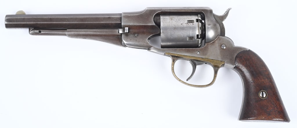 REMINGTON RIDER NEW MODEL DA CONVERSION REVOLVER: SERIAL 4274. BARREL 6.5". CALIBER 38RF. Factory conversion of standard Navy size Remington to fire the self contained .38 RF cartridge circa early 1870's. These early conversions were really the first