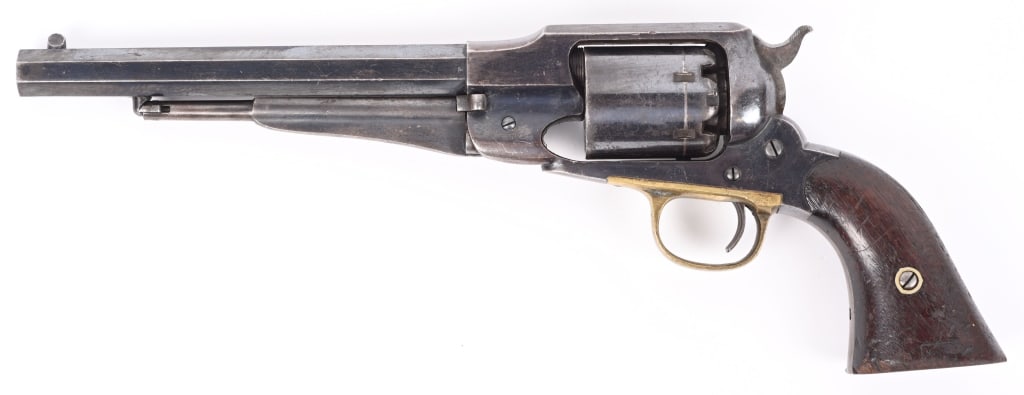 EXCEPTIONAL CIVIL WAR REMINGTON 1858 44 REVOLVER: SERIAL NUMBER 91097 BARREL 8" CALIBER .44 PERCUSSION MANUFACTURED 1861-65. Blue finished with octagon barrel with Remington address on top flat. Serial numbered on underside of barrel, frame under gri