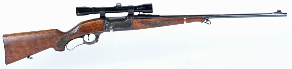SAVAGE MODEL 99 CAL, 300 SAVAGE MFG 1950: SERIAL NUMBER 562656 BARREL 24" CALIBER 300 SAAGE MANUFACTURED 1950. Blue finished with case colored lever. Varnished checkered pistol grip stocks with steel butt plate. Ramped front blade sight with 